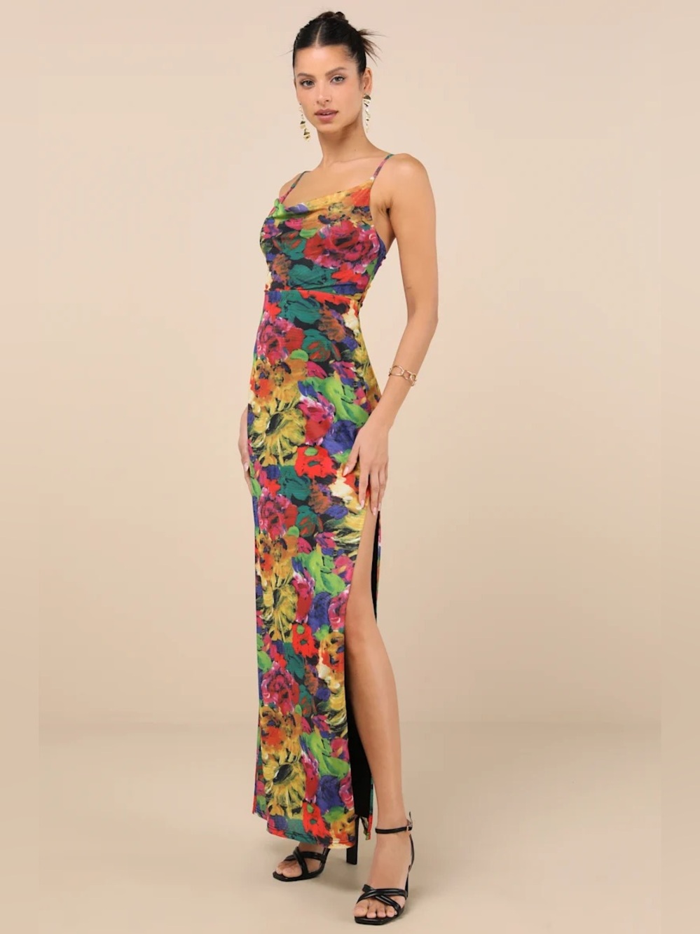 Lulu's Vibrant Floral Cowl Neck Maxi Dress in Multicolor NWOT